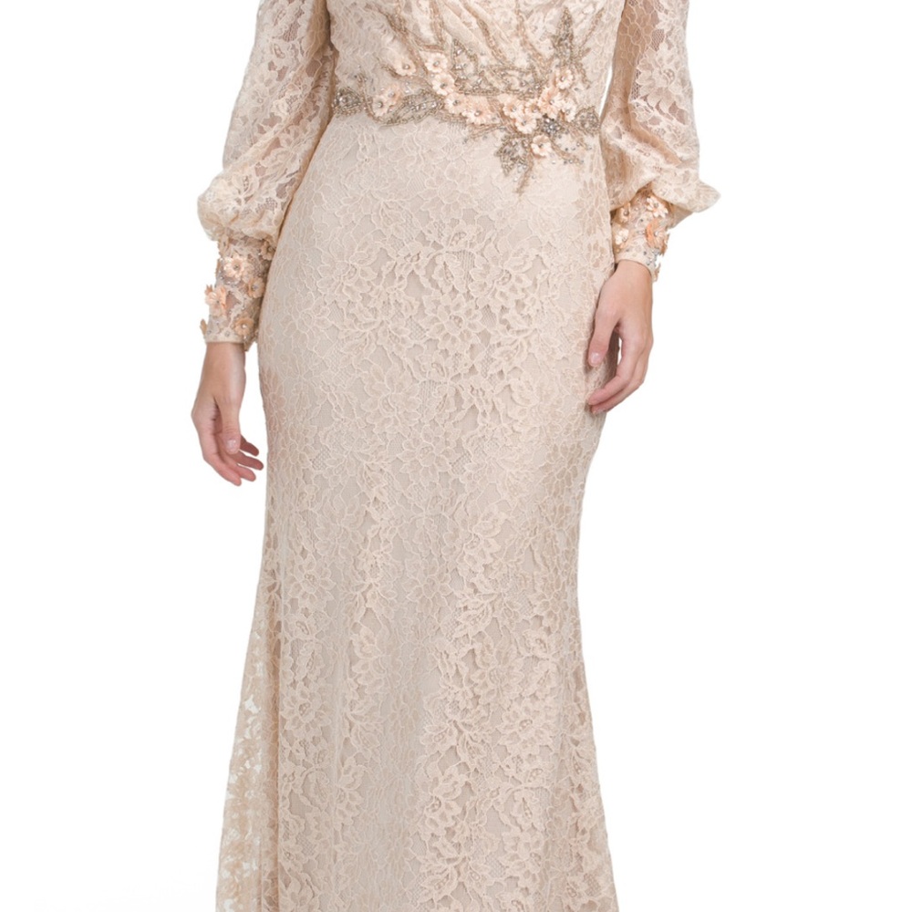 Mac Duggal Cream Lace Long Sleeve Gown